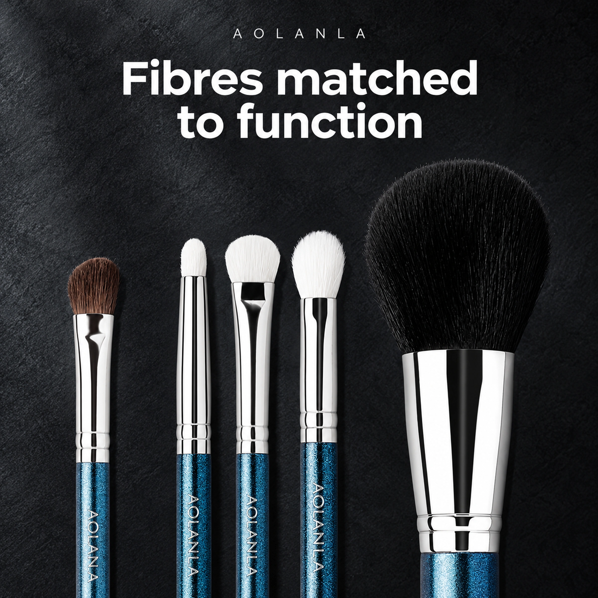 Five actual heads illustrating pony hair, white goat hair and black synthetic fibres