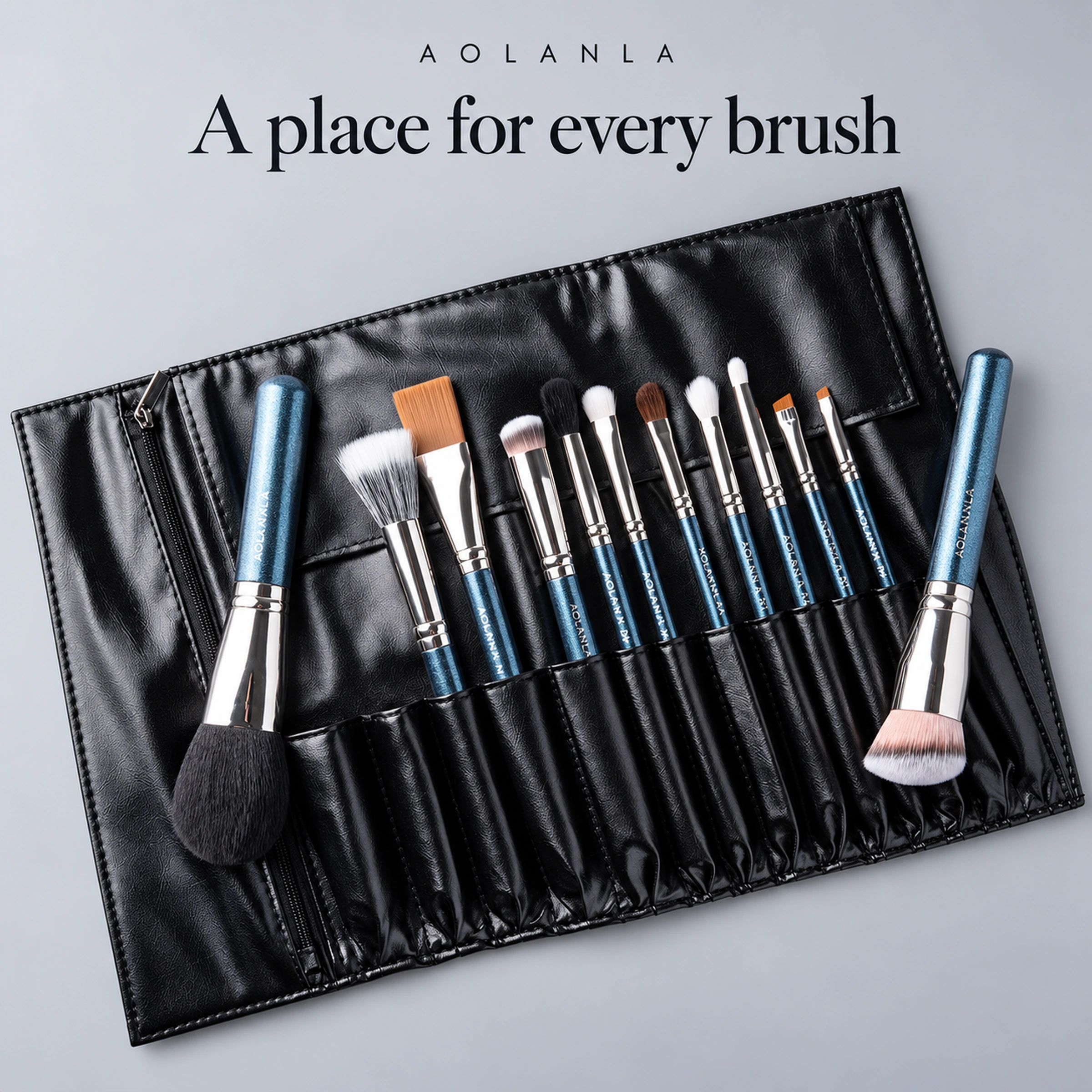 All twelve brushes in their actual black folding brush pouch
