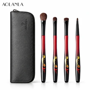 Phoenix four eye brushes and slim black zip pouch on white