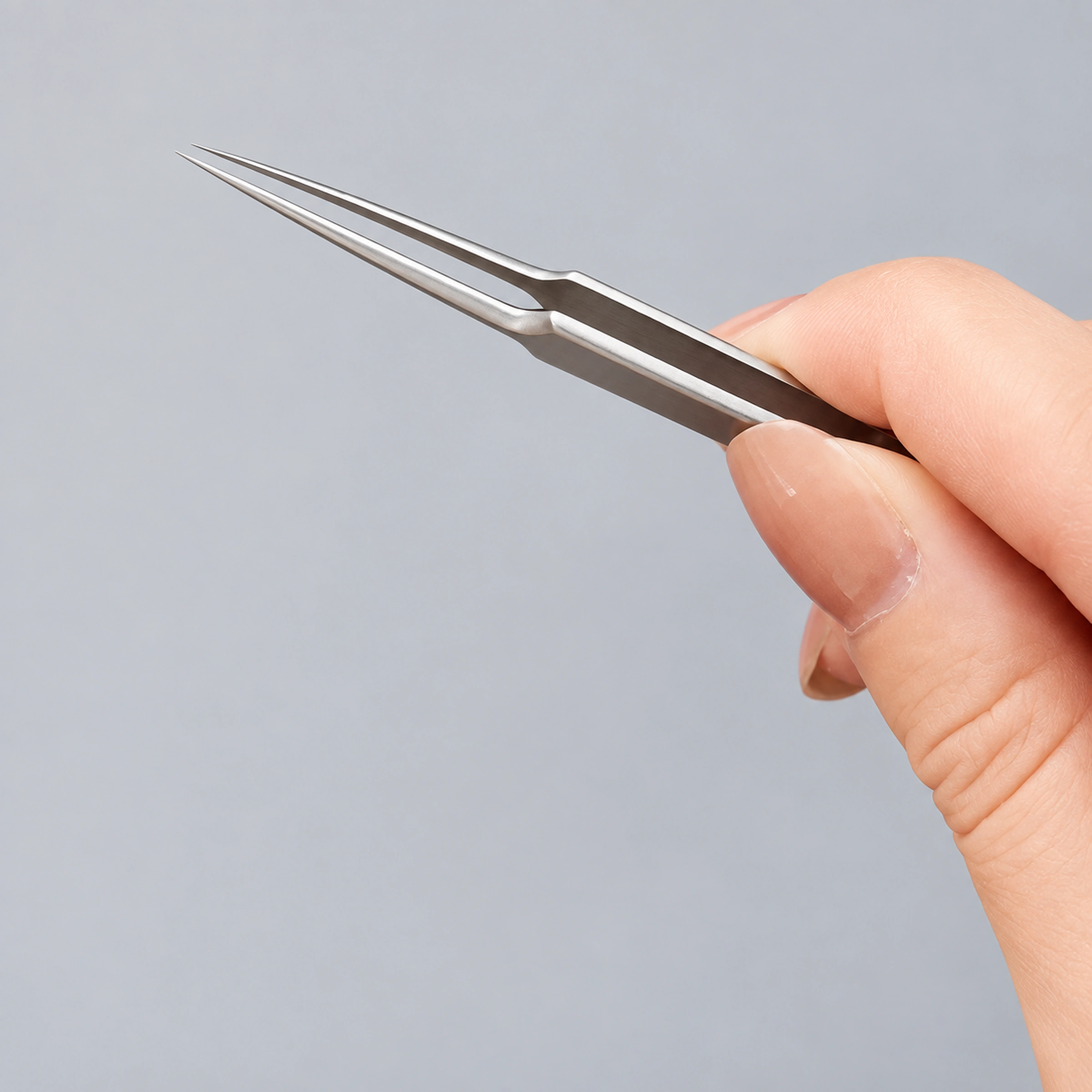 No.5 fine angled tweezer held with a light thumb-and-finger grip