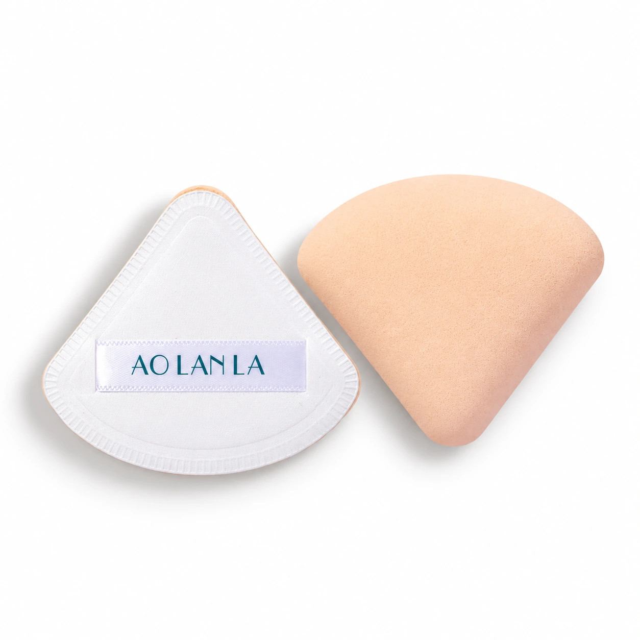 Two rounded-triangle AOLANLA puffs showing peach application surface and white ribbon back