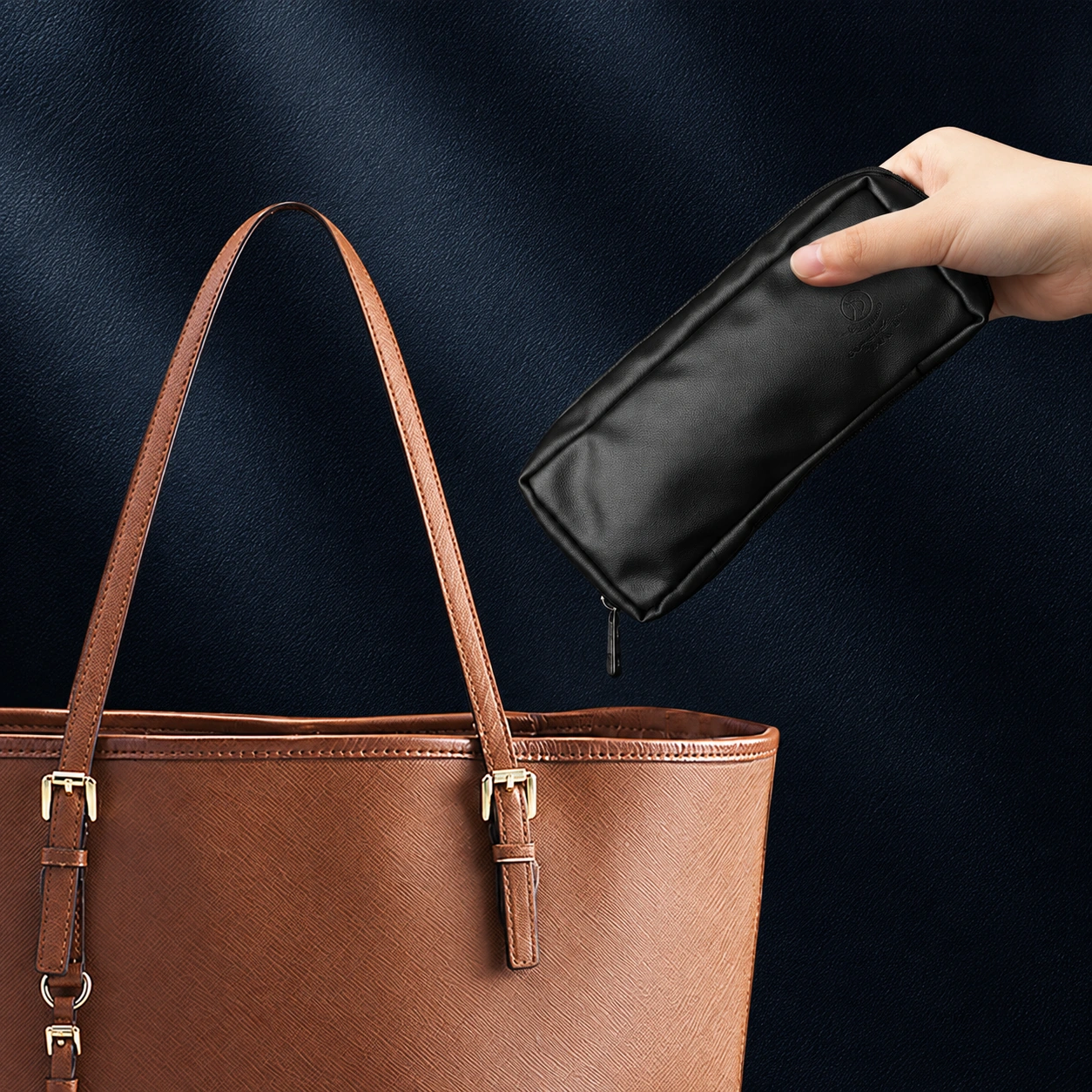 Black zip brush pouch held above a handbag; handbag not included