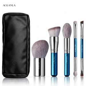 Five AOLANLA travel brushes and black zip pouch on white