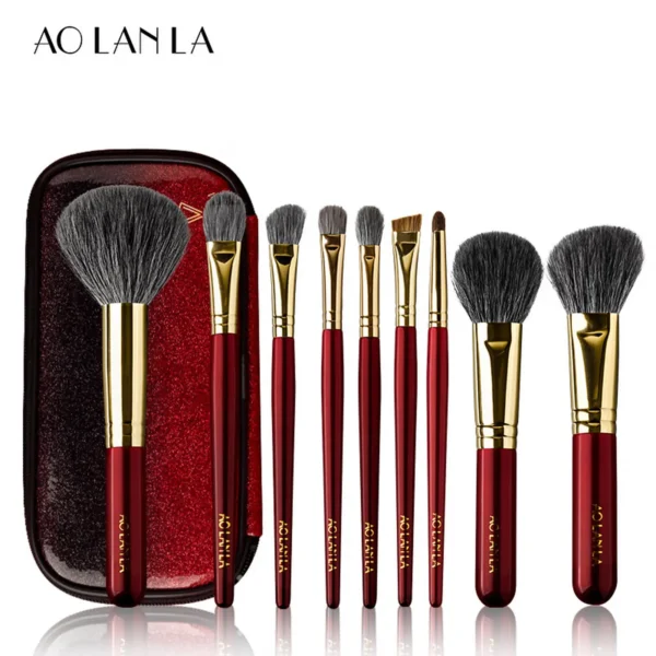 Vermilion Gold nine-piece makeup brush set with zippered pouch