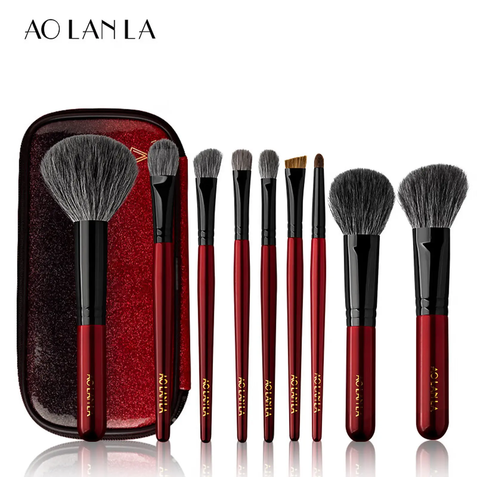 Vermilion Noir nine-piece brush set with glossy black ferrules and zippered pouch