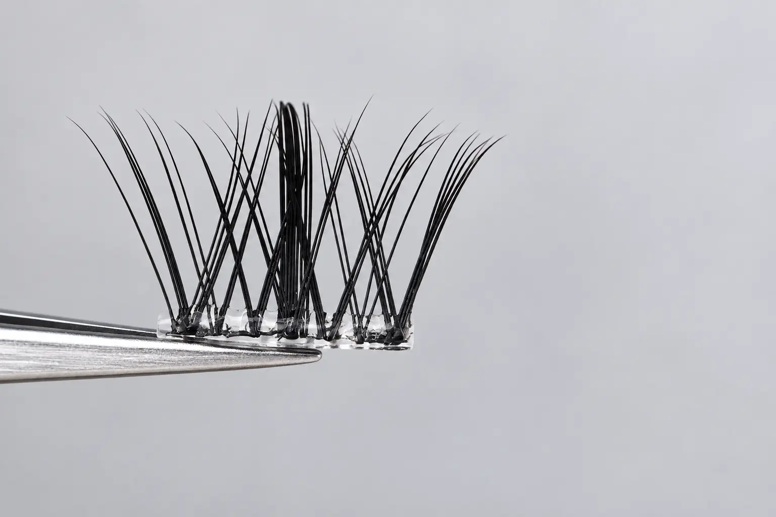 Macro photograph of one AOLANLA sunflower lash cluster showing a clear adhesive base and separated black fibres