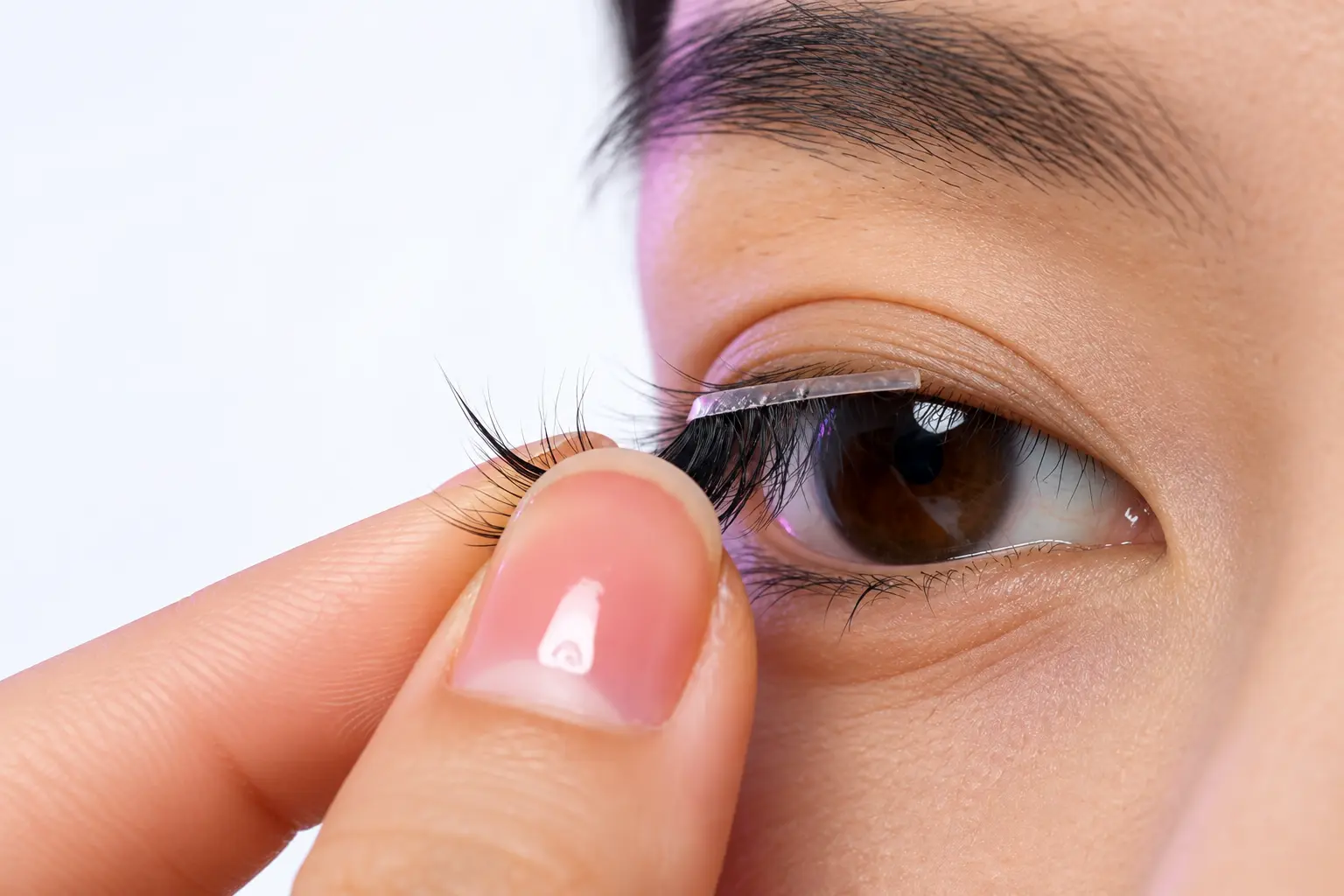 Close view of one lash cluster being aligned at the upper lash line with a single fingertip