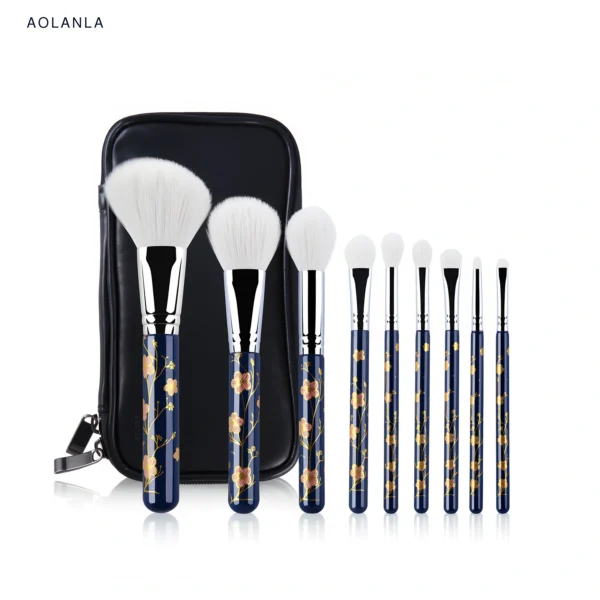 Blue Sakura nine-piece brush set and black zip case on white
