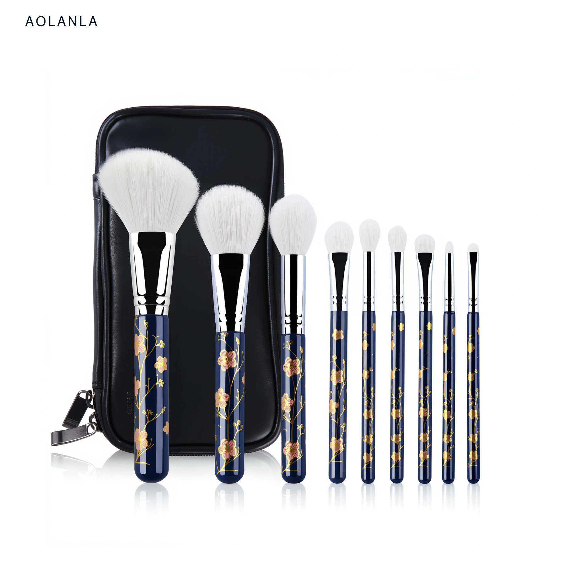 Blue Sakura nine-piece brush set and black zip case on white