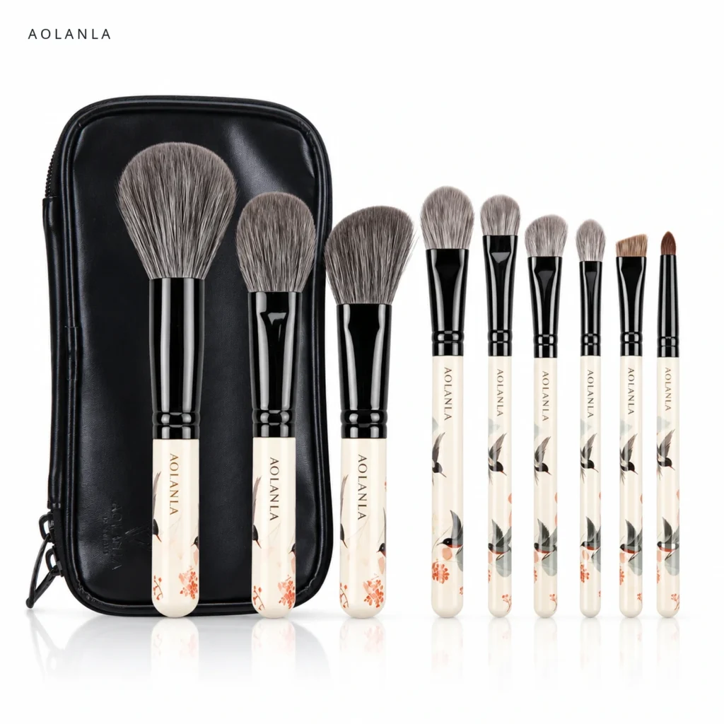 AOLANLA Flower & Bird 9-Piece Natural Hair Makeup Brush Set with Pouch
