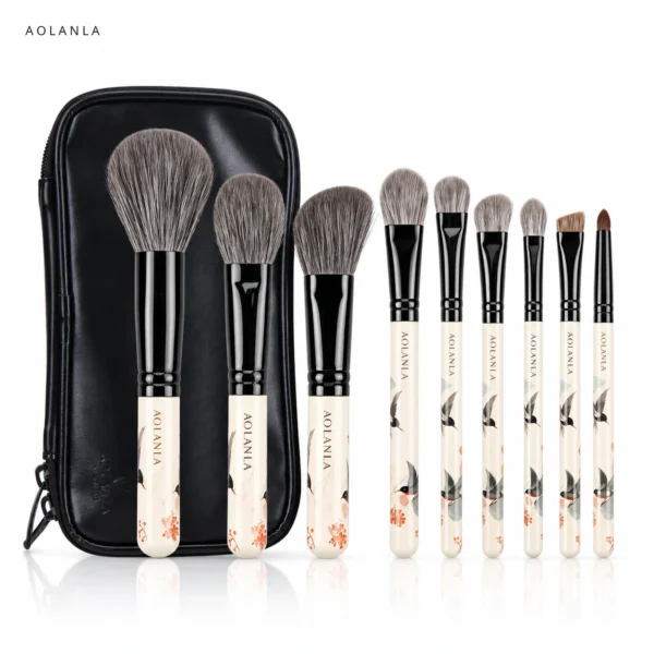 AOLANLA Flower & Bird nine-piece natural hair makeup brush set with black pouch on white background