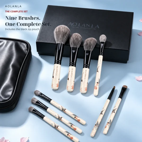 Complete AOLANLA nine-brush set with black zip pouch and presentation box