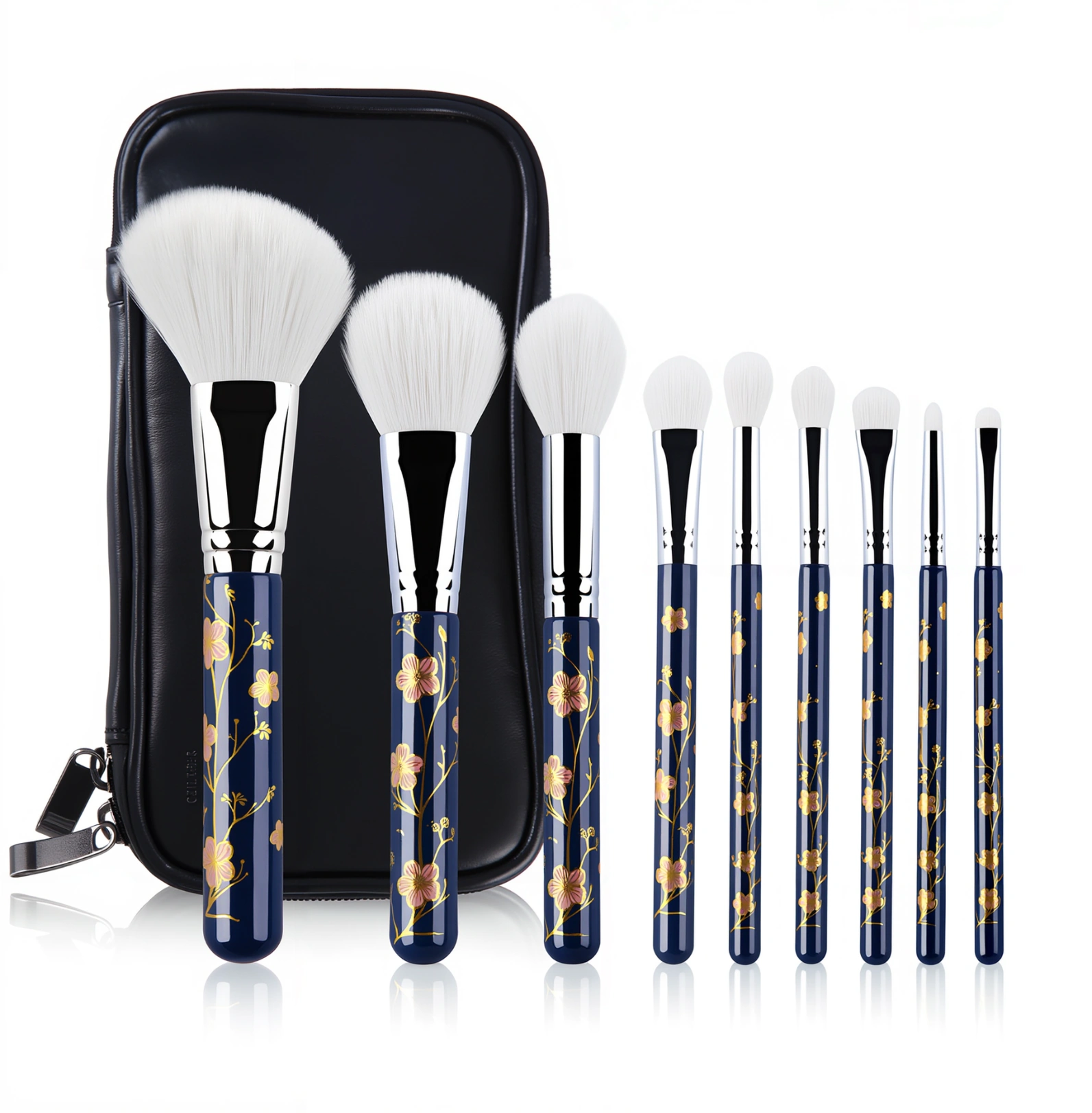 Nine Blue Sakura brush shapes with black zip case