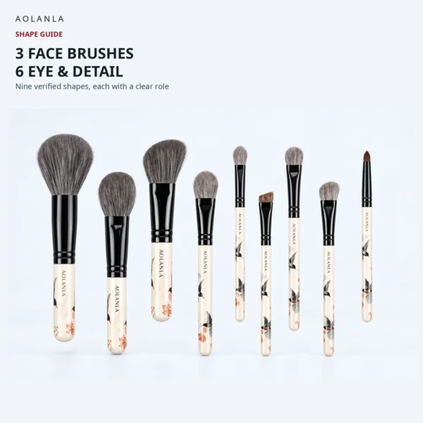 Three face brushes and six eye and detail brushes in the Flower & Bird set