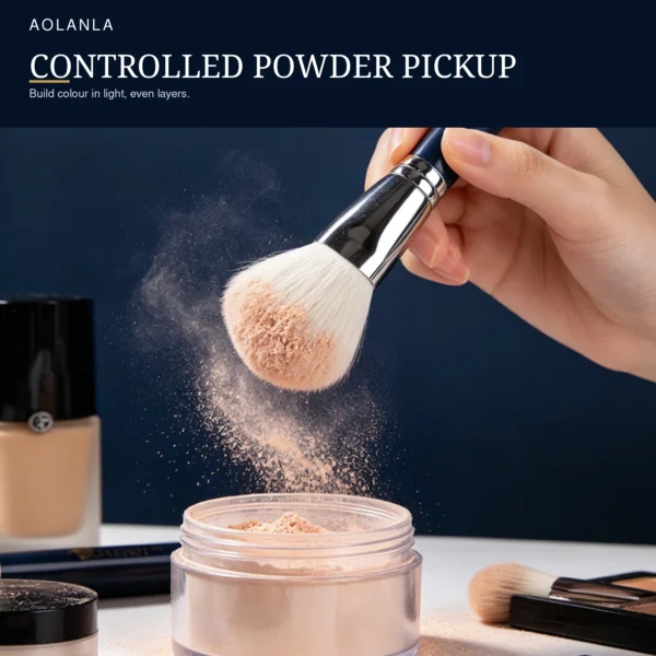 Blue Sakura face brush picking up loose powder