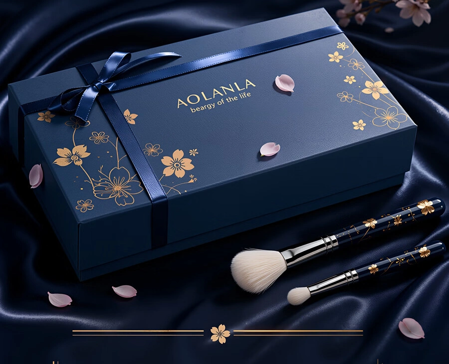 Blue Sakura presentation box, ribbon and brush details