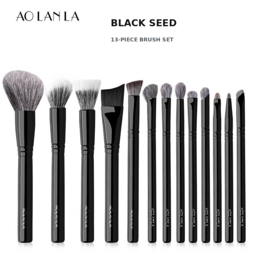 AOLANLA Black Seed thirteen-piece makeup brush set on a pure white background