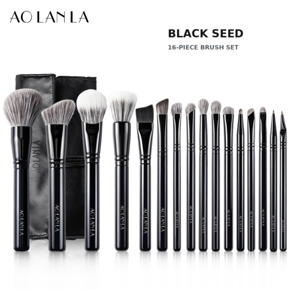 AOLANLA Black Seed sixteen-piece makeup brush set with black wrap pouch on a pure white background
