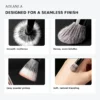 Four close product views showing the fibres, angled face brush, brush shapes, and black travel pouch