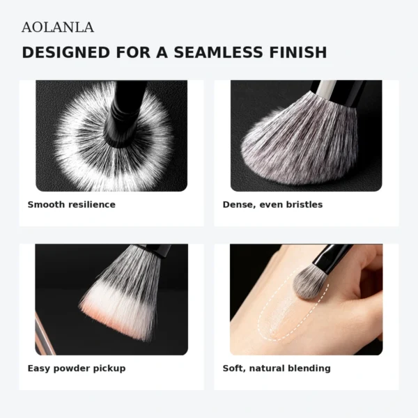 Four close product views showing the fibres, angled face brush, brush shapes, and black travel pouch