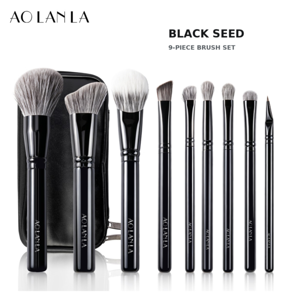 AOLANLA Black Seed nine-piece makeup brush set with black zip pouch on a pure white background