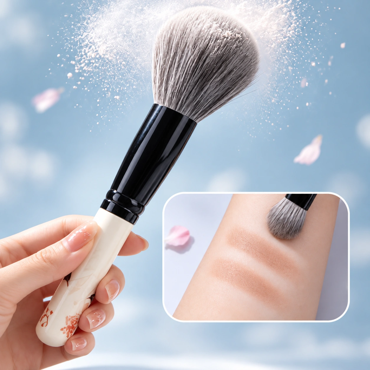 Flower and Bird brush held beside an example of softly diffused makeup on skin