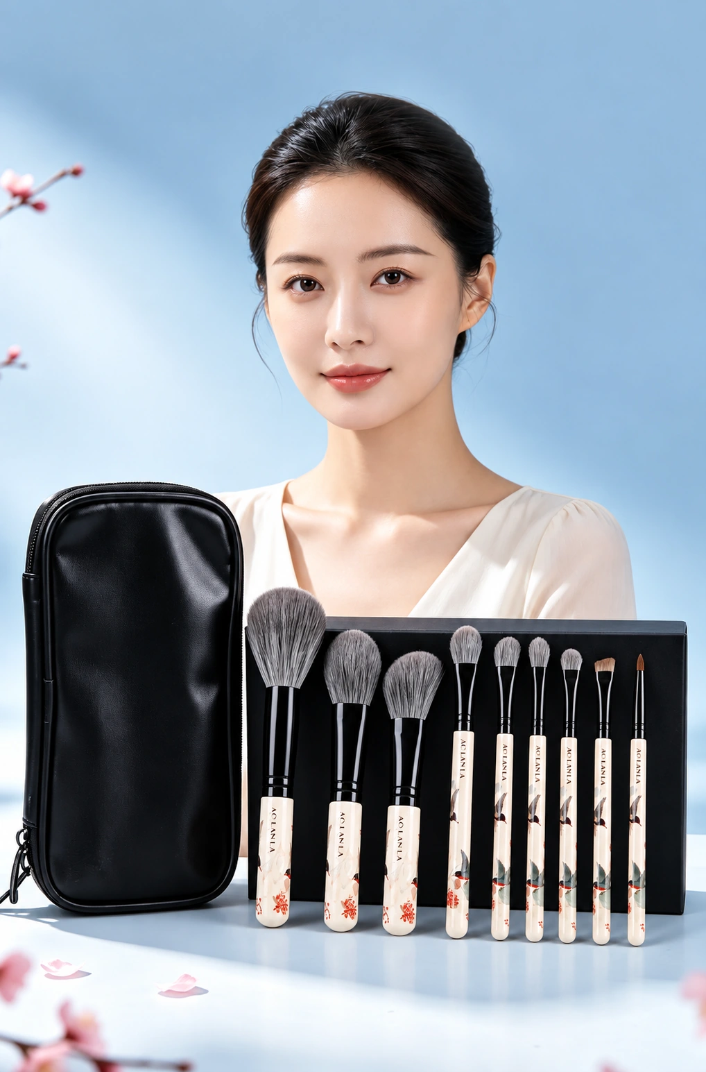 Woman with the complete nine-brush Flower and Bird set and black zip pouch