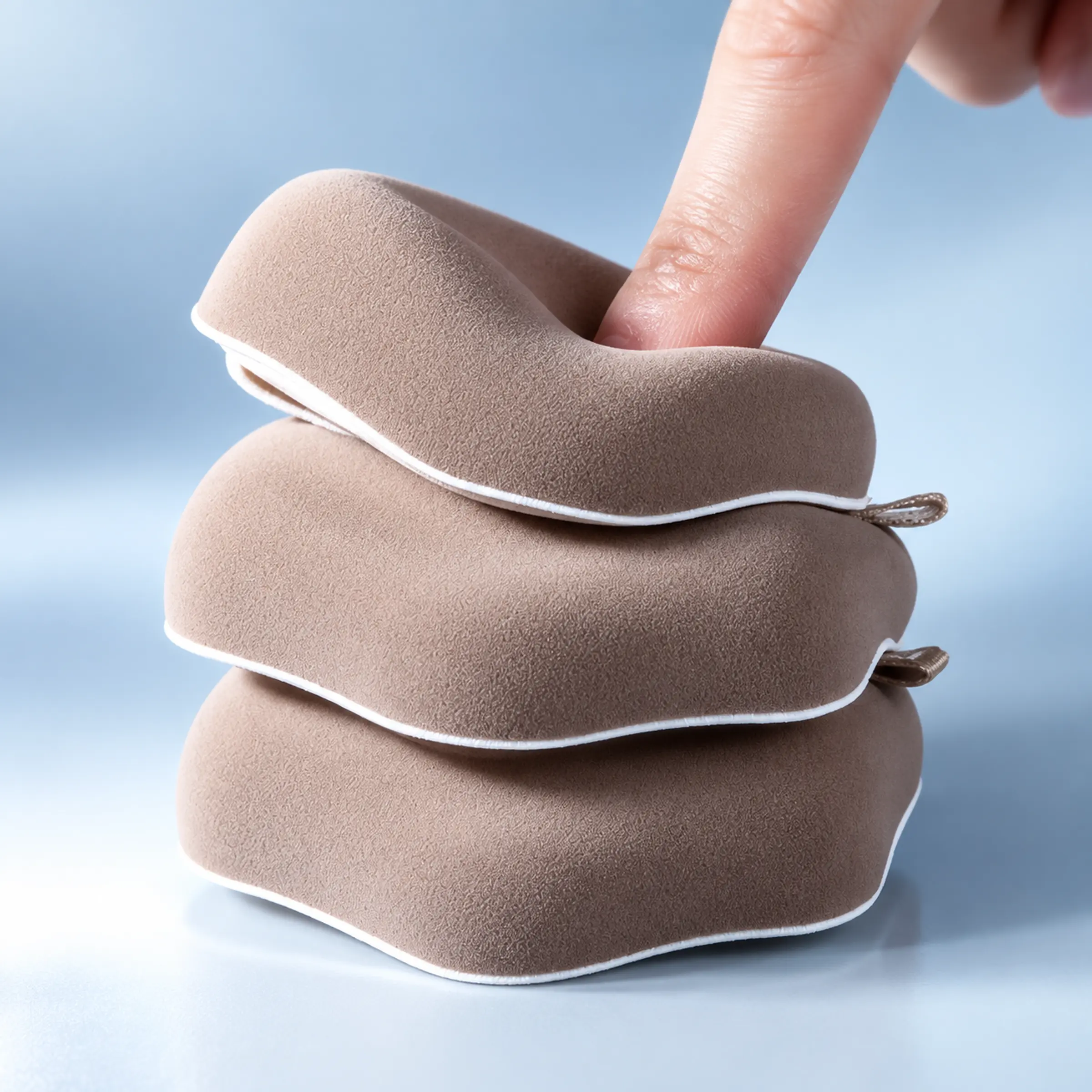 Cushioned makeup puff profile responding to light pressure