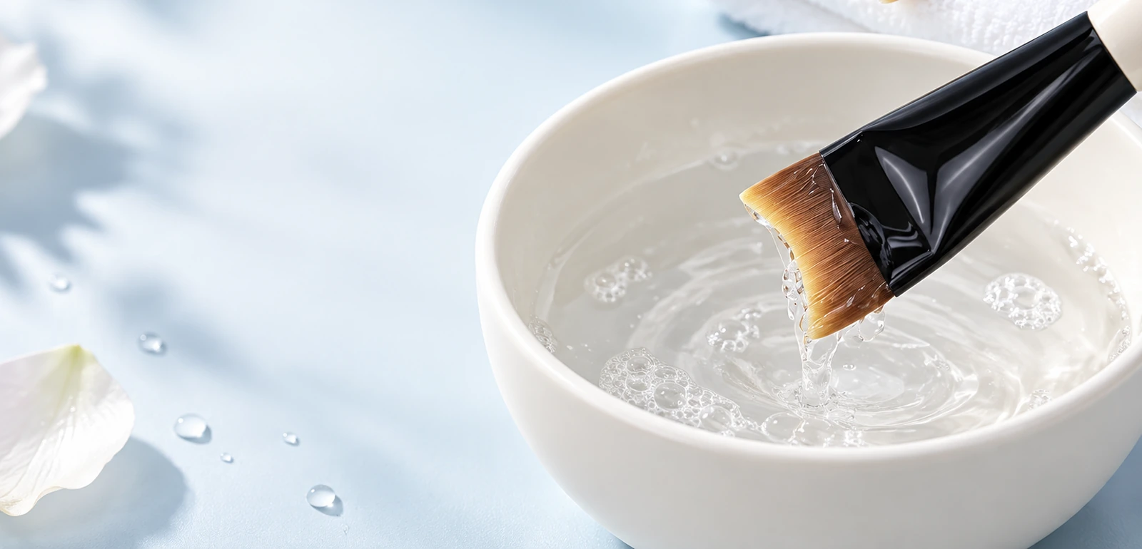 Curved synthetic brush fibres being washed in mild cleanser and clear water