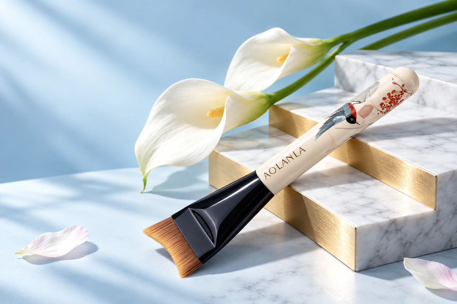 Flower and Bird fishtail foundation brush on cool blue marble with calla lilies
