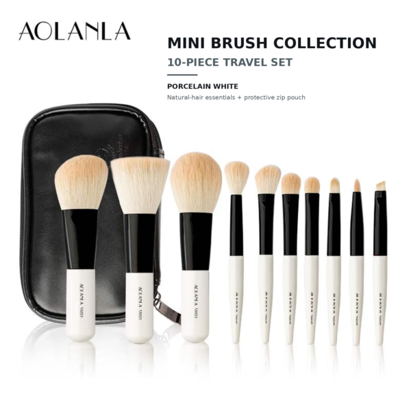 AOLANLA ten-piece mini natural-hair makeup brush set in porcelain white with black travel pouch on a pure white background