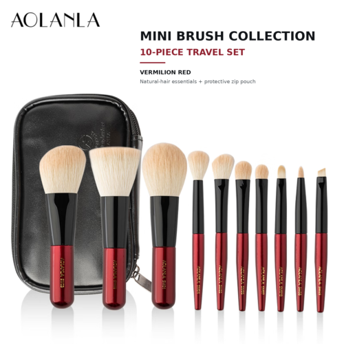 AOLANLA ten-piece mini natural-hair makeup brush set in vermilion red with black travel pouch on a pure white background