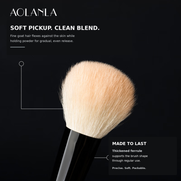 Close-up of an AOLANLA porcelain white mini brush showing fine goat hair and a reinforced black ferrule with English feature text