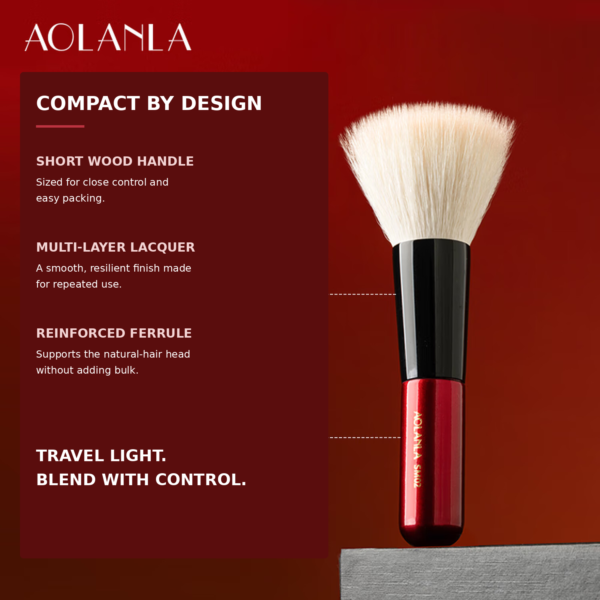 AOLANLA vermilion mini brush showing its short lacquered wood handle and reinforced ferrule with English feature text