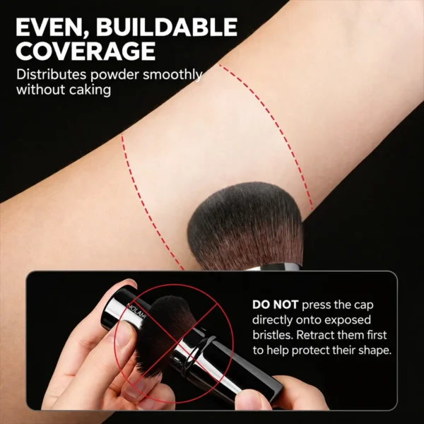 AOLANLA powder brush applying even coverage with a warning to retract bristles before capping