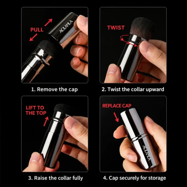 Four steps showing how to retract and cap the AOLANLA powder brush