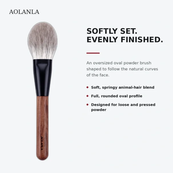Full AOLANLA oval powder brush beside English feature text describing its shape, fibre blend, and powder use