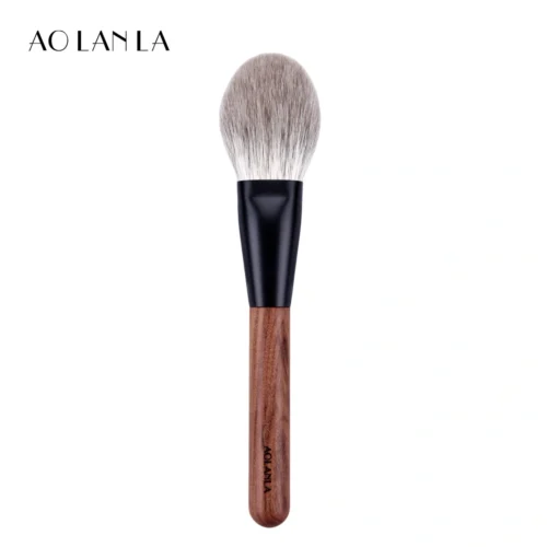 AOLANLA oversized oval powder brush with grey-white bristles, black ferrule, and brown wood handle on a pure white background
