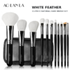 AOLANLA White Feather 11-Piece Brush Set AOLANLA White Feather eleven-piece natural goat-hair makeup brush set with black zip pouch on a pure white background