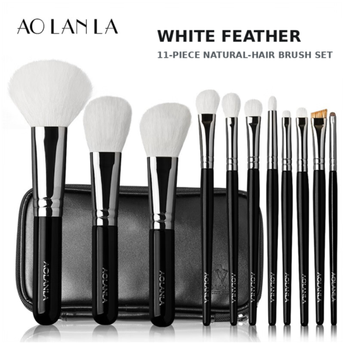 AOLANLA White Feather eleven-piece natural goat-hair makeup brush set with black zip pouch on a pure white background