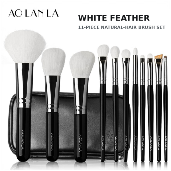 AOLANLA White Feather 11-Piece Brush Set AOLANLA White Feather eleven-piece natural goat-hair makeup brush set with black zip pouch on a pure white background