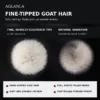 White Feather Fine-Tipped Goat Hair Close views of fine-tipped goat-hair brush heads with English details about softness, density, and controlled powder pickup