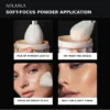 White Feather Soft-Focus Powder Technique Four application steps showing light powder pickup, tapping away excess, setting the face, and buffing to a soft finish