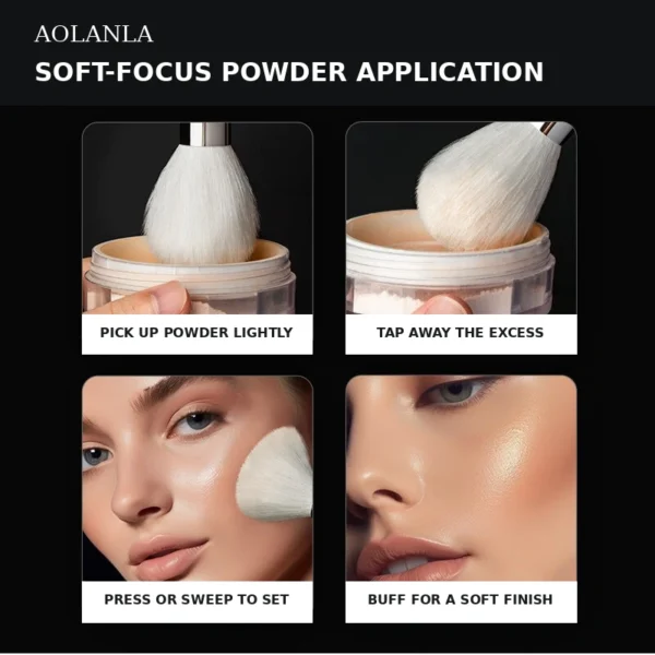White Feather Soft-Focus Powder Technique Four application steps showing light powder pickup, tapping away excess, setting the face, and buffing to a soft finish
