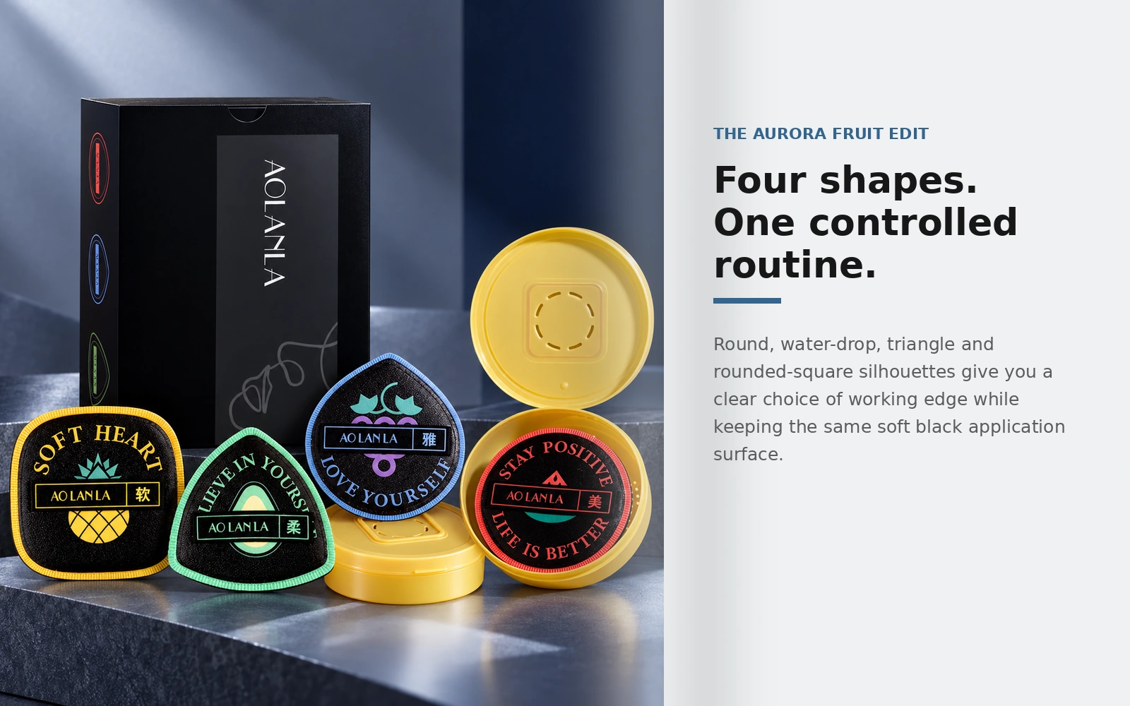 Four Aurora fruit-series shapes: round, water-drop, triangle and rounded-square