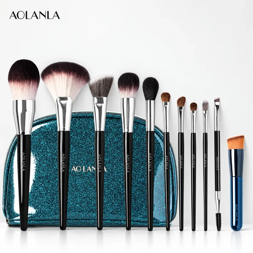 Blue 11-Piece Brush Set with Makeup Bag