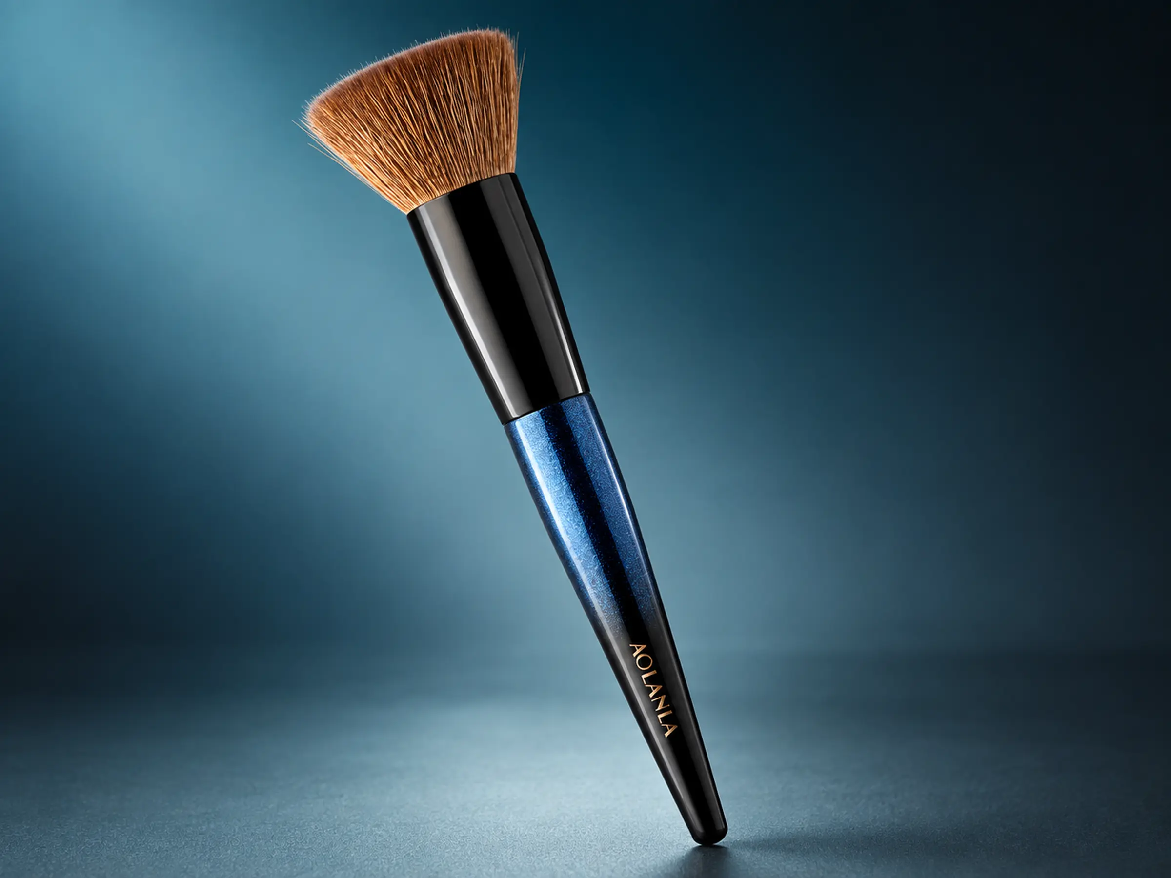 Complete Blue-Dyed multi-purpose contour brush showing its compact angled natural-hair profile