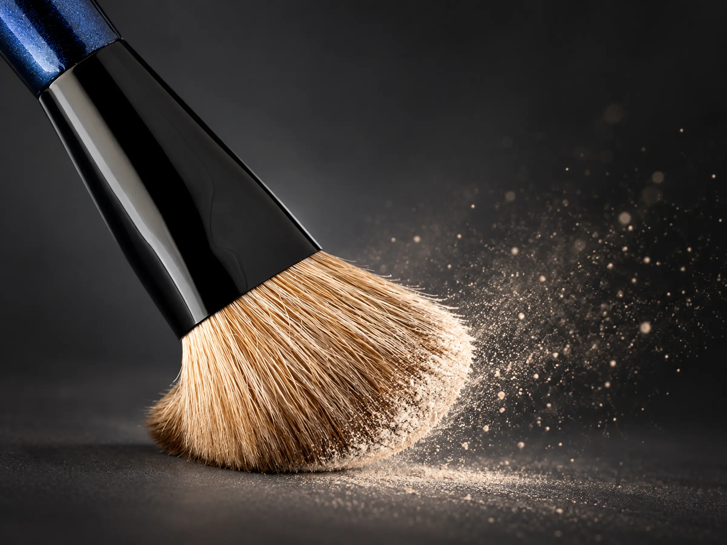 Blue-Dyed multi-purpose contour brush sweeping a light veil of powder