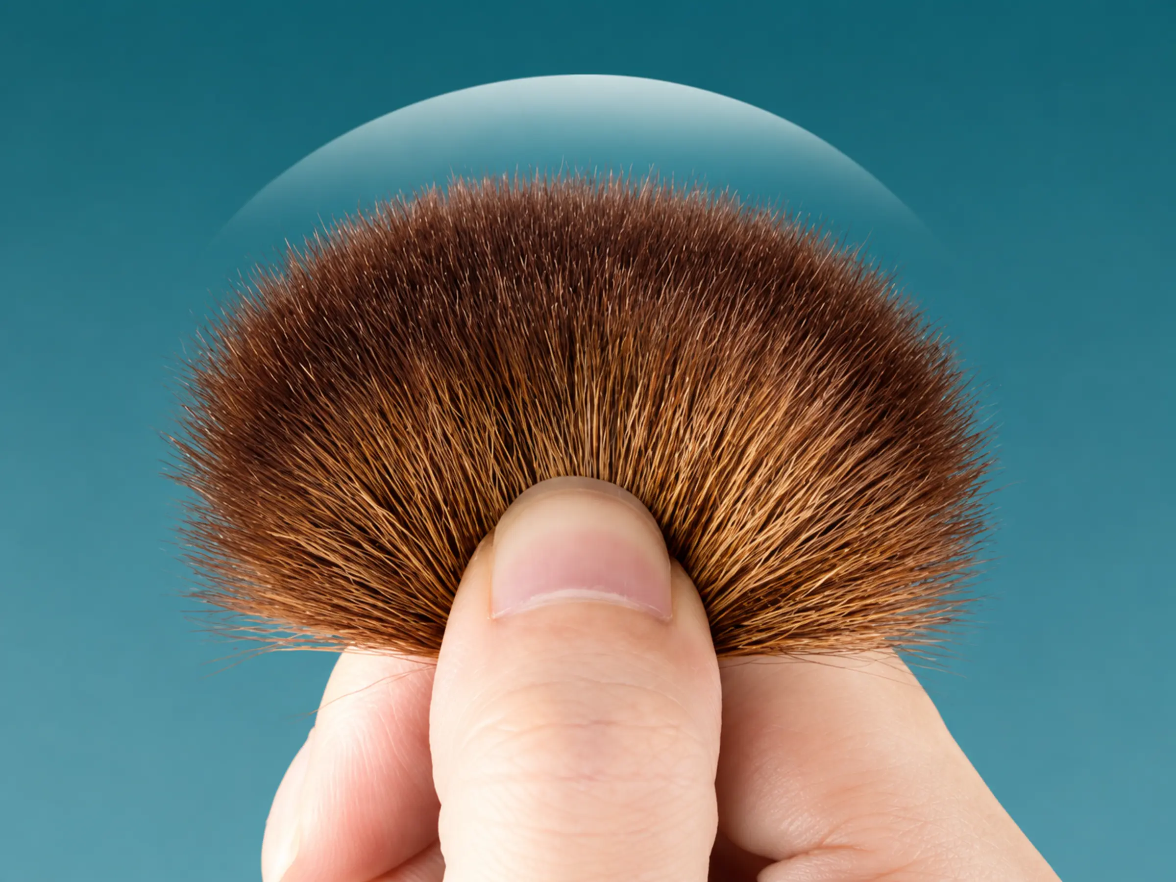 One hand gently pressing and fanning the natural fibres to demonstrate softness