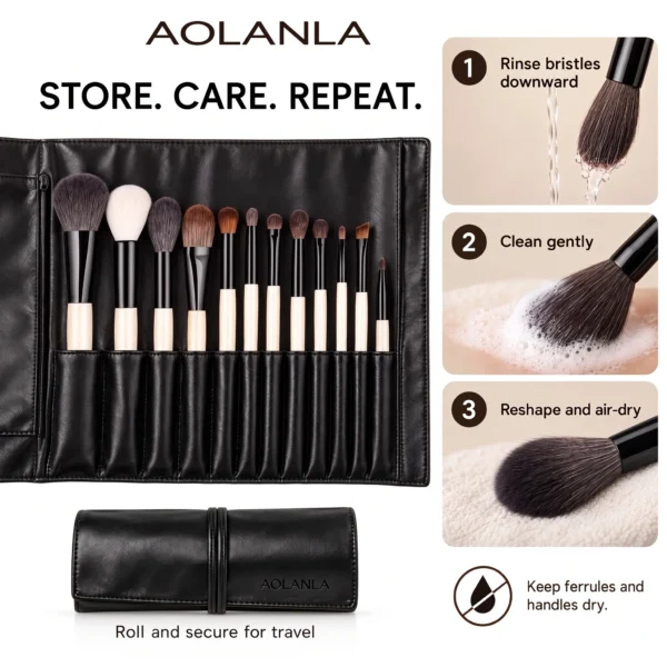 Care and storage guide on a white background: store, clean and roll the brush set safely